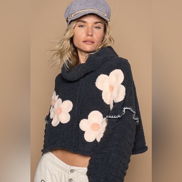 POL Sweaters - 164. NWOT POL Dark Gray Cowl Neck Sweater with Pink Flower Details